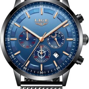 LIGE Hommes Montres Mode Noir Acier Inoxydable Imperméable Chronographe Quartz Analogique Regarder pour Homme Affaires Habiller Regarder