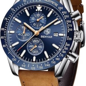 BENYAR Montre Homme Etanche Analogique Quartz Chronographe Lumineuses Date Grand Cadran Classique Mode Affaires Montres Bracelet en Acier Inoxydable/Cuir Cadeau élégant pour Hommes