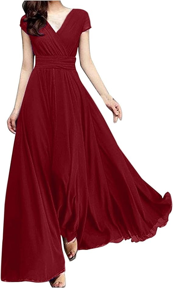 Robe Femme Chic - Longue Soirée en Mousseline Couleur Unie Col en V Élégante Manches Courtes Maxi Cocktail - Image 2