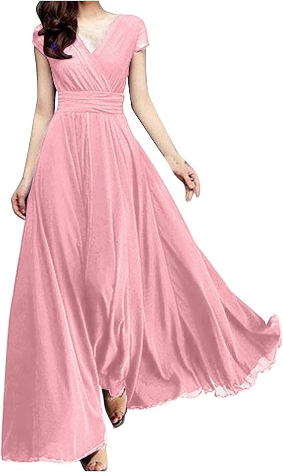 Robe Femme Chic - Longue Soirée en Mousseline Couleur Unie Col en V Élégante Manches Courtes Maxi Cocktail - Image 3